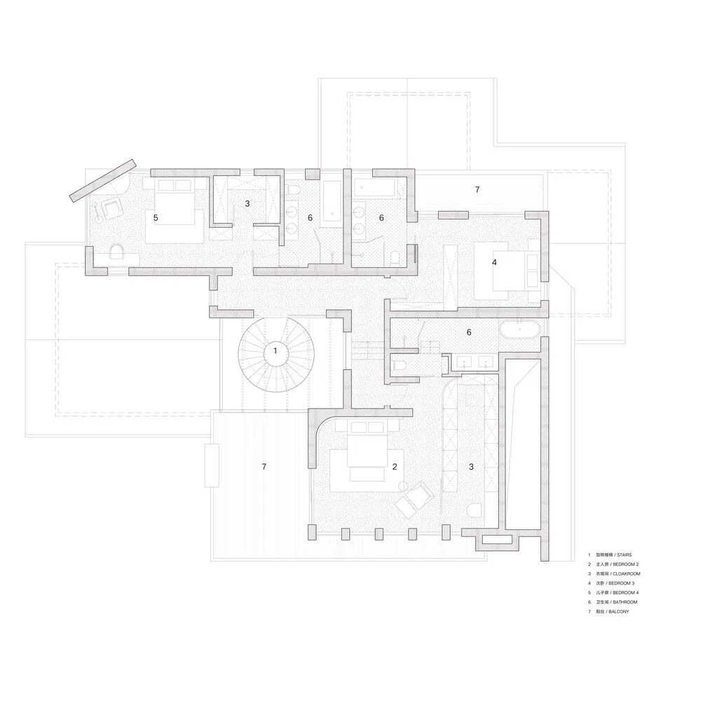 A detailed 2D architectural drawing of a modern house's ground floor layout, including rooms, amenities, and spatial organiza