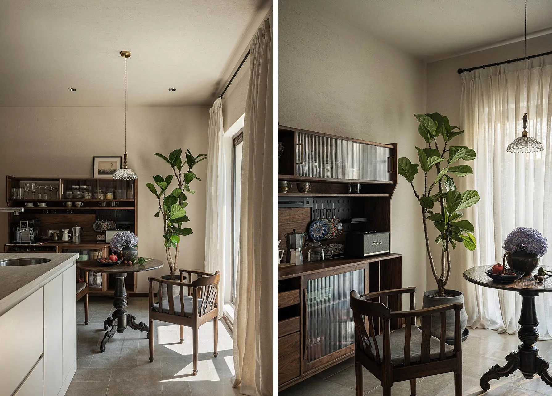 Modern residential kitchen and breakfast nook with wooden furniture, potted plants, and a cozy seating area.