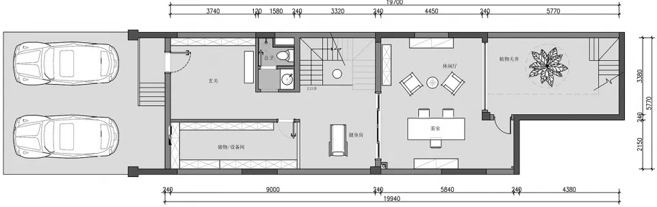 一張詳細的建築平面圖，展示現代住宅格局，包含客廳、餐廳、廚房及兩間臥室
