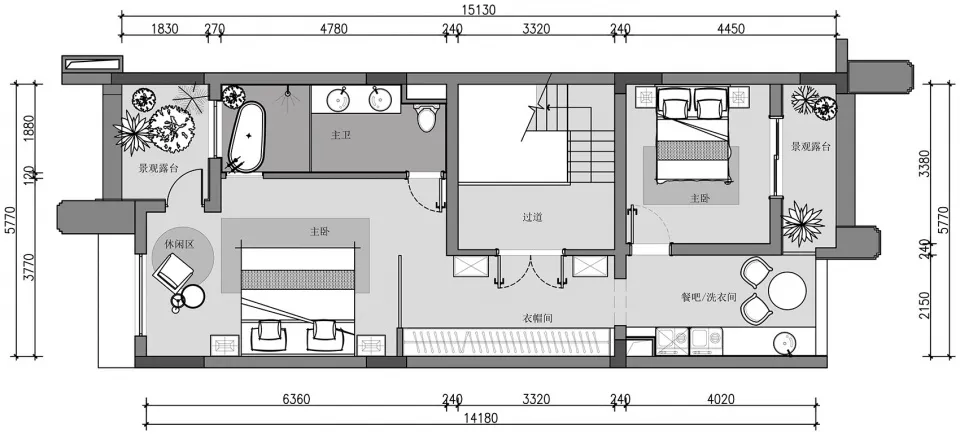 一張詳細的2D建築圖,顯示住宅平面配置,附有尺寸標註與房間標示。