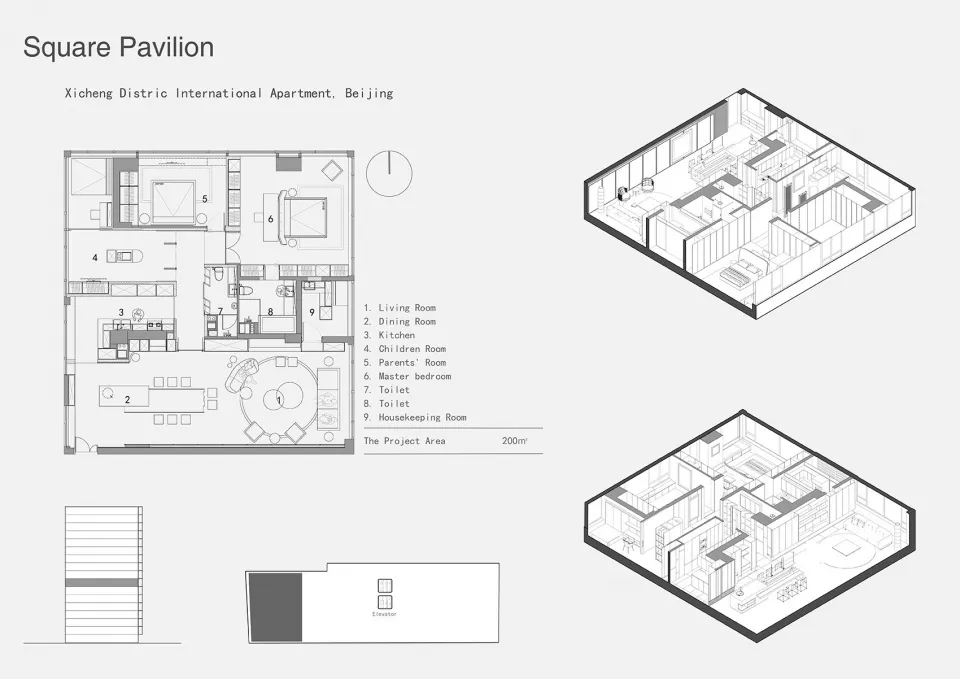 Floor plan of a Square Pavilion apartment layout showcasing residential features including living room, dining room, kitchen,
