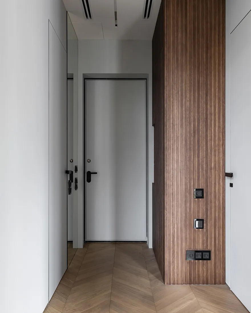 A modern minimalist entryway with wooden panels, flooring, and minimalistic design elements.