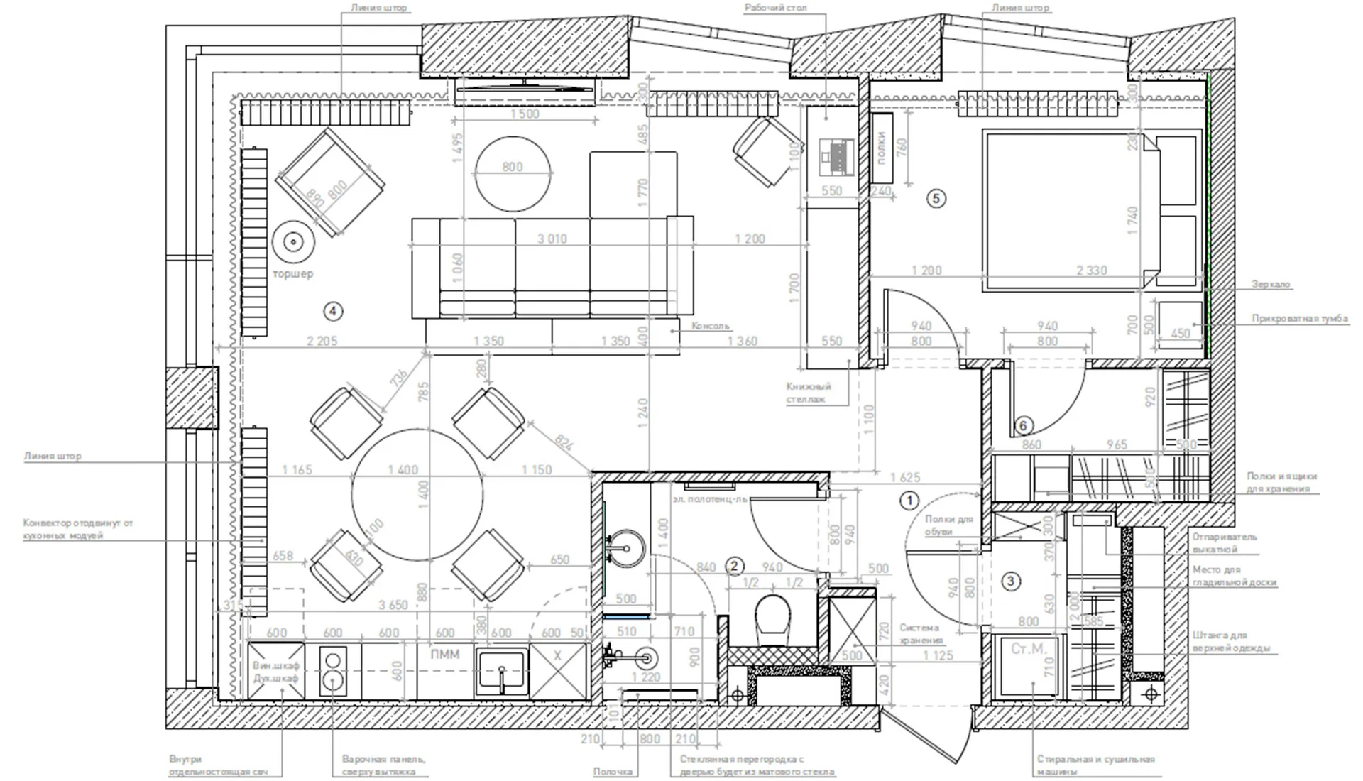 A detailed technical drawing of a modern living room with dimensions provided, featuring an L-shaped sofa, coffee table, and