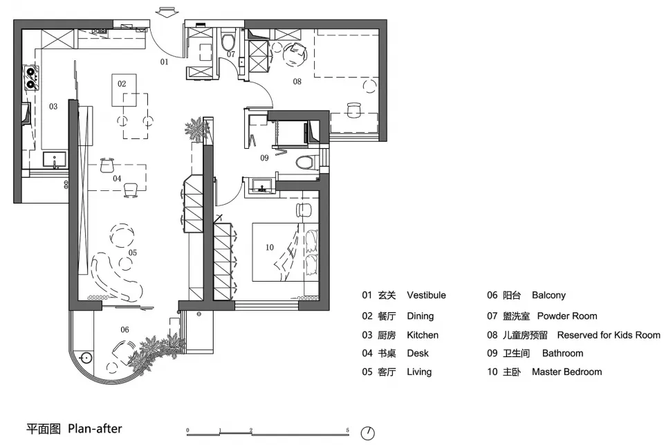 An open-concept modern living space floor plan showing a combined living, dining, and kitchen area with a balcony and powder 