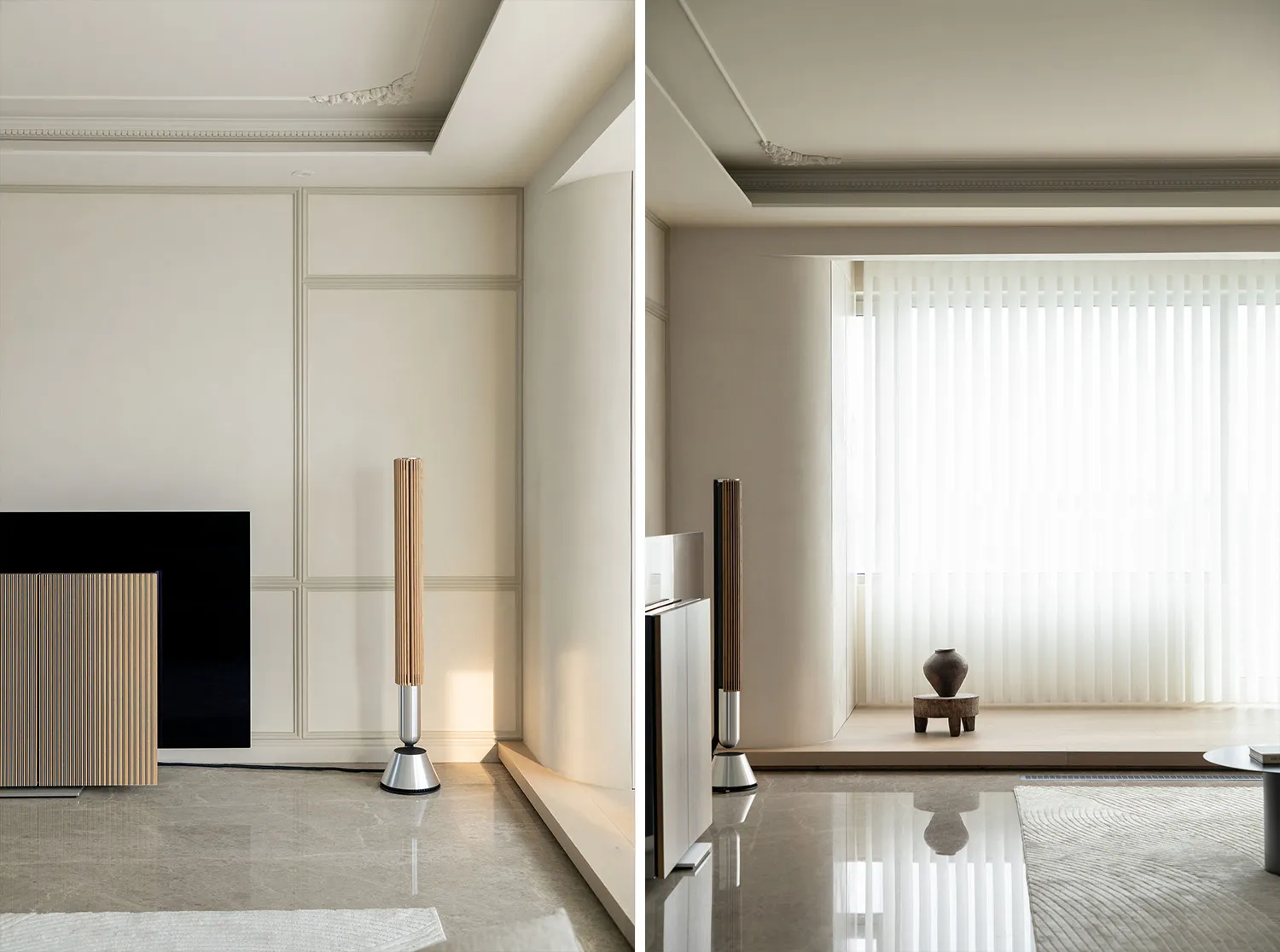 Modern minimalist living room with sleek wooden floor lamp and glass windows with sheer curtains.