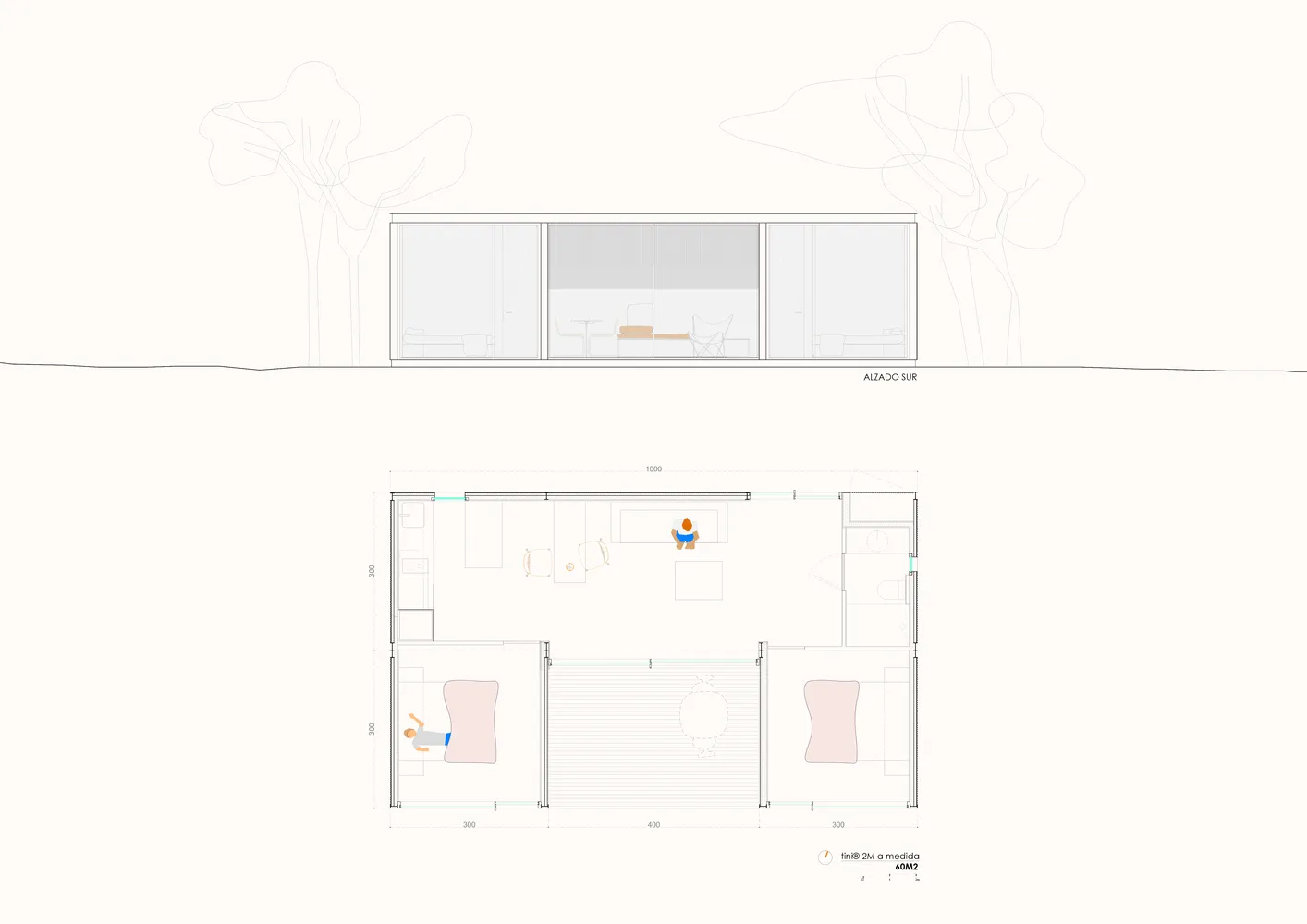 Floor plan of a modern residential interior featuring a glass wall.