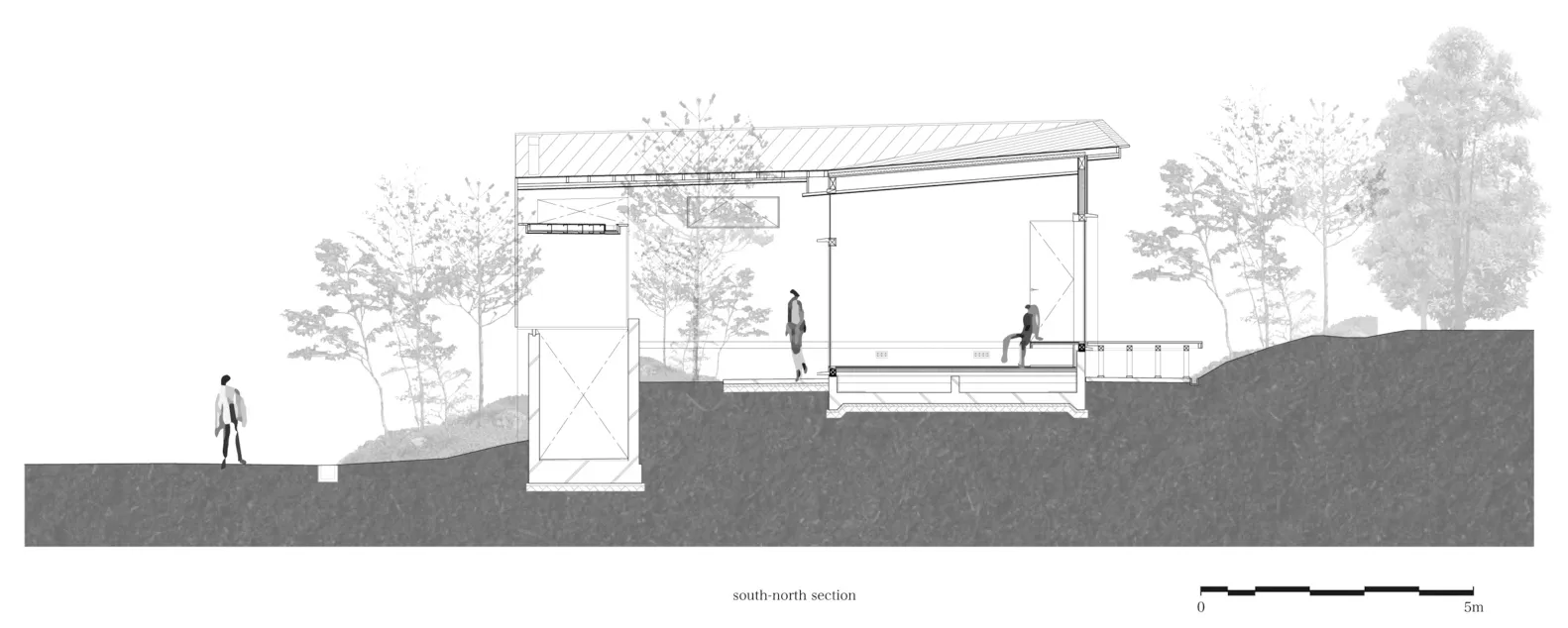 A modern exterior architectural section diagram showing a steel and concrete structure with a roof overhang and people sittin