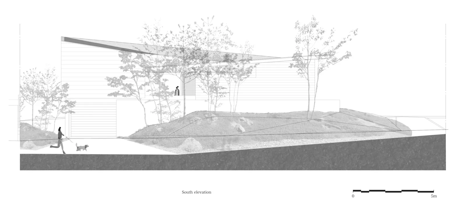 An architectural drawing of a modern house featuring metal, glass, and concrete materials.
