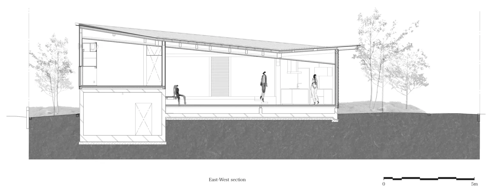 A modern residential interior design showcasing a concrete floor, glass walls, and a minimalist layout.