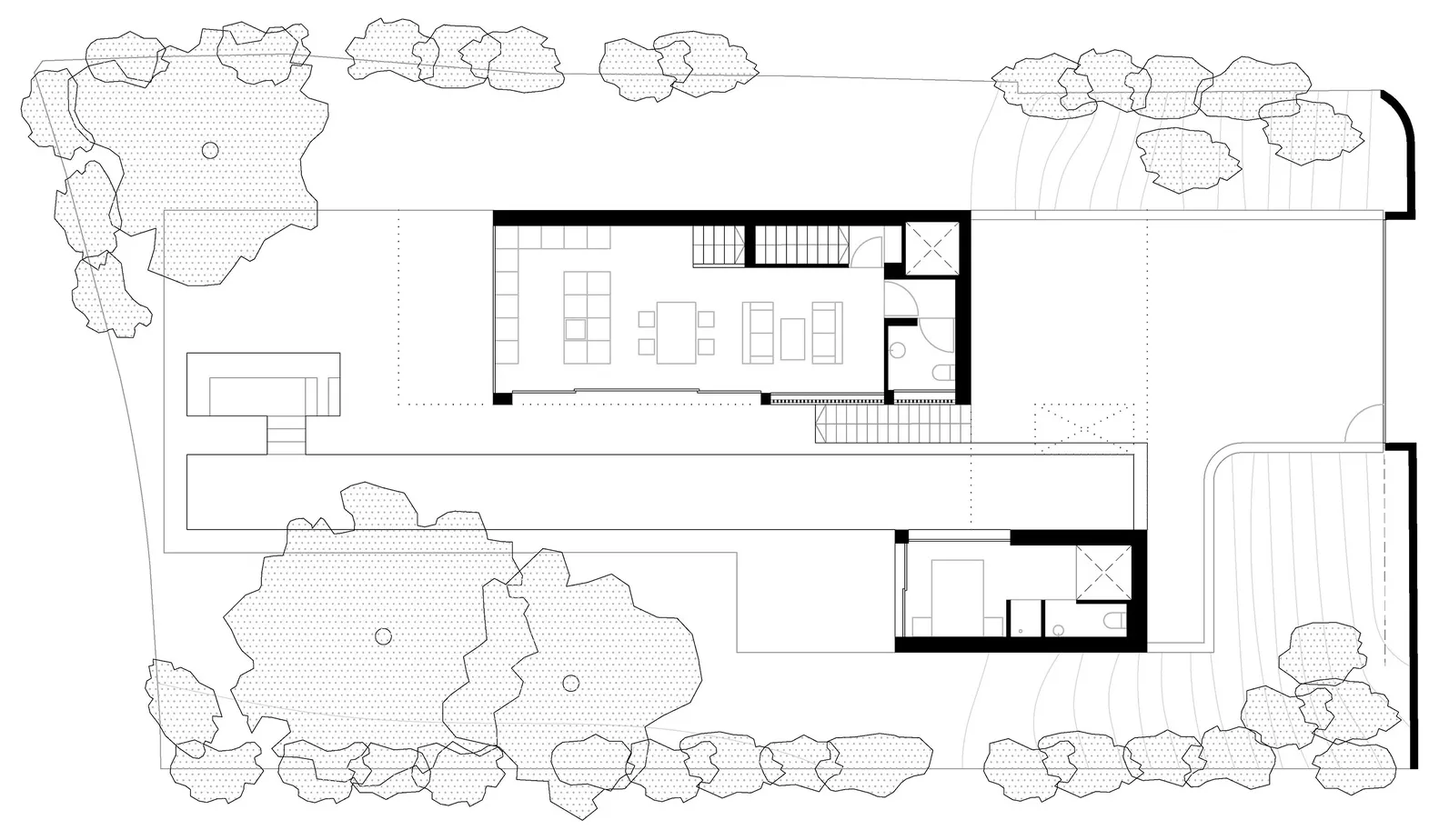 Floor plan of a minimalist modern house showing living room, kitchen, and bedrooms.