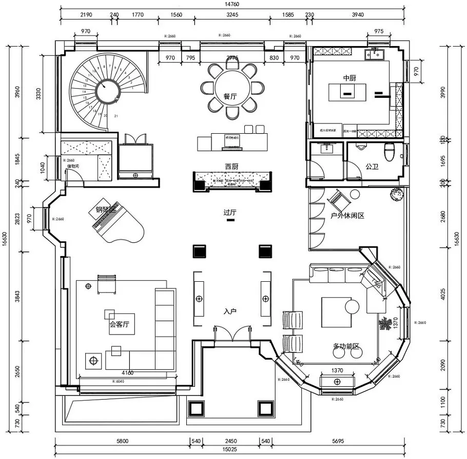 2D architectural drawing of a modern interior space with various functional zones.