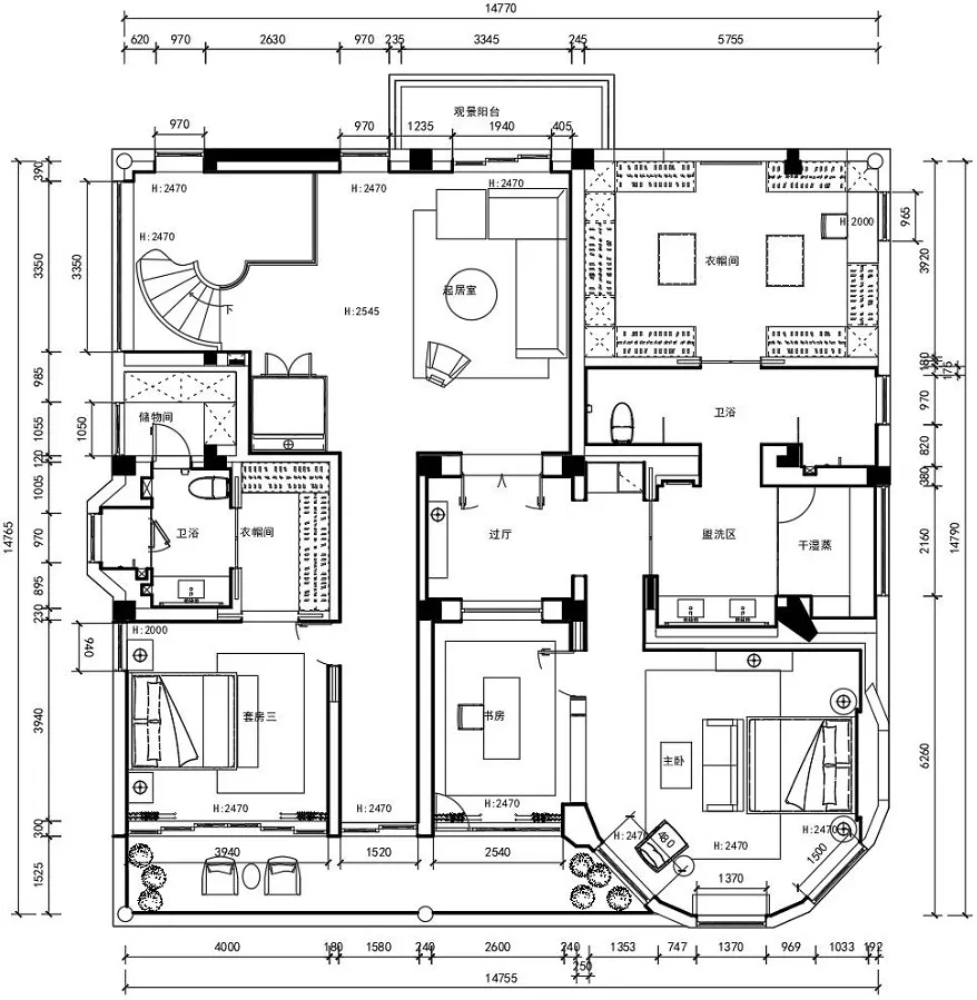 A technical blueprint of an apartment floor plan