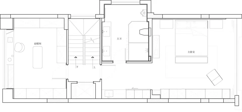 A minimalist master suite floor plan on white paper showing an open space with a bed, closet, and bathroom.