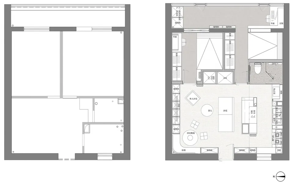 Floor plan of a modern apartment layout showing functional zones and furniture arrangement.