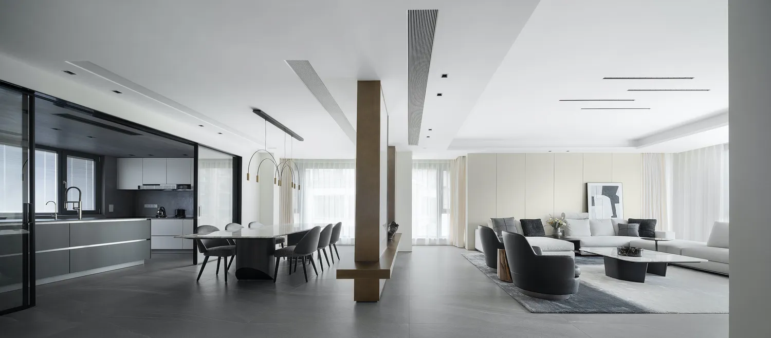 Modern interior living room with concrete, glass, and metal elements