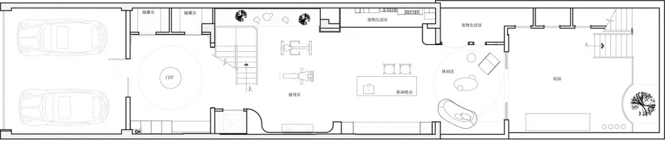 A white 2D architectural floor plan of a modern residential building.