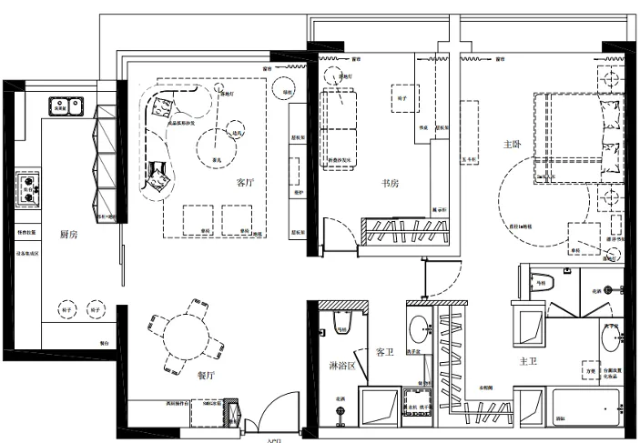A detailed 2D architectural drawing of a modern apartment layout