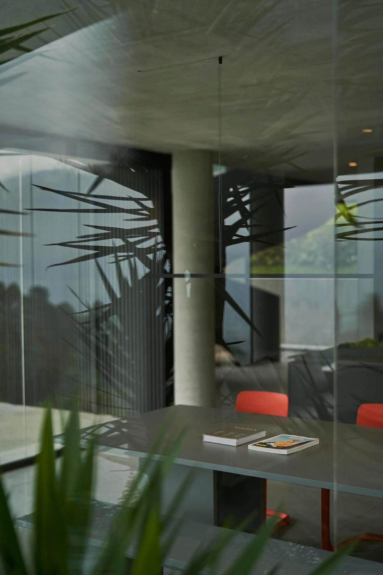 A modern office space featuring exposed concrete walls and a large window with a tree silhouette.