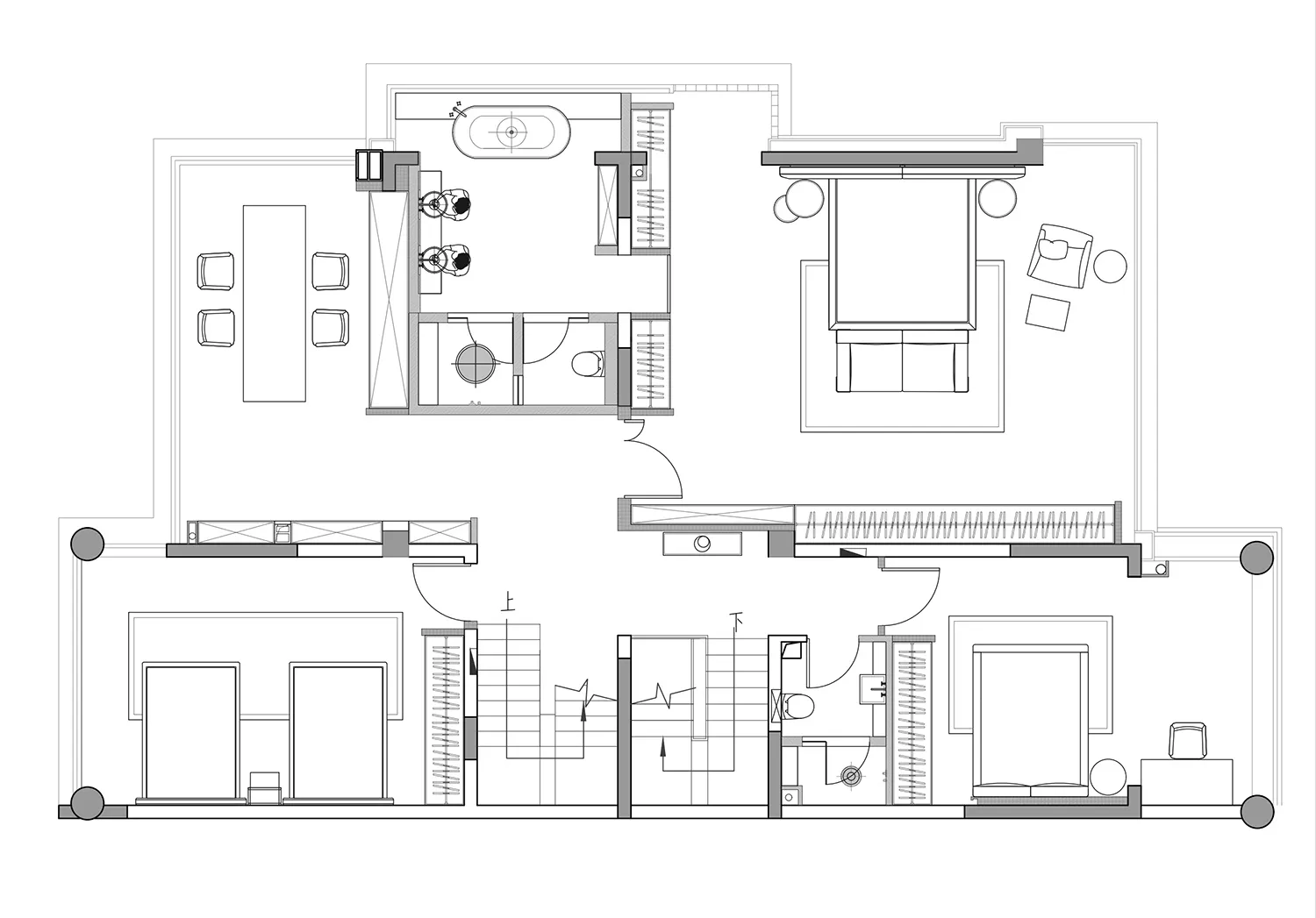 A detailed architectural floor plan of a modern residential interior with living, dining, kitchen, and bedroom spaces.