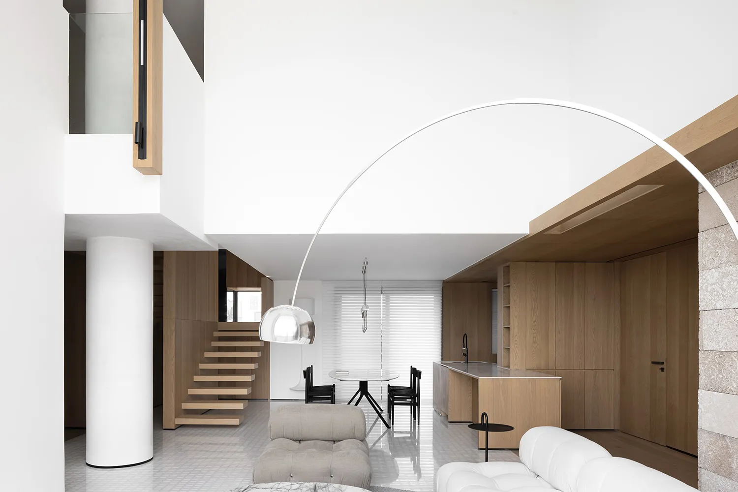 Modern interior design featuring wooden and marble elements.