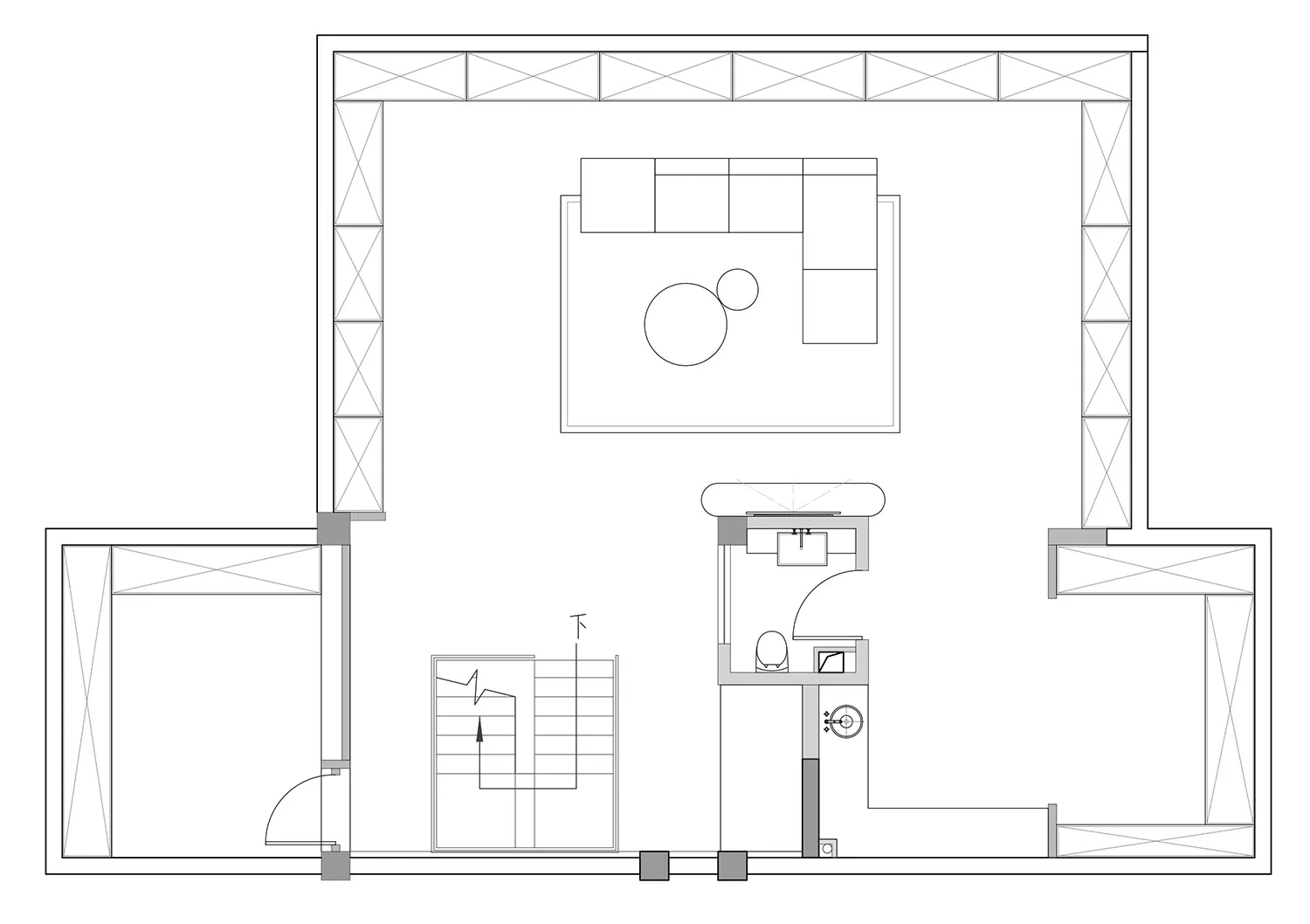 Minimalist layout with furniture and lighting details.