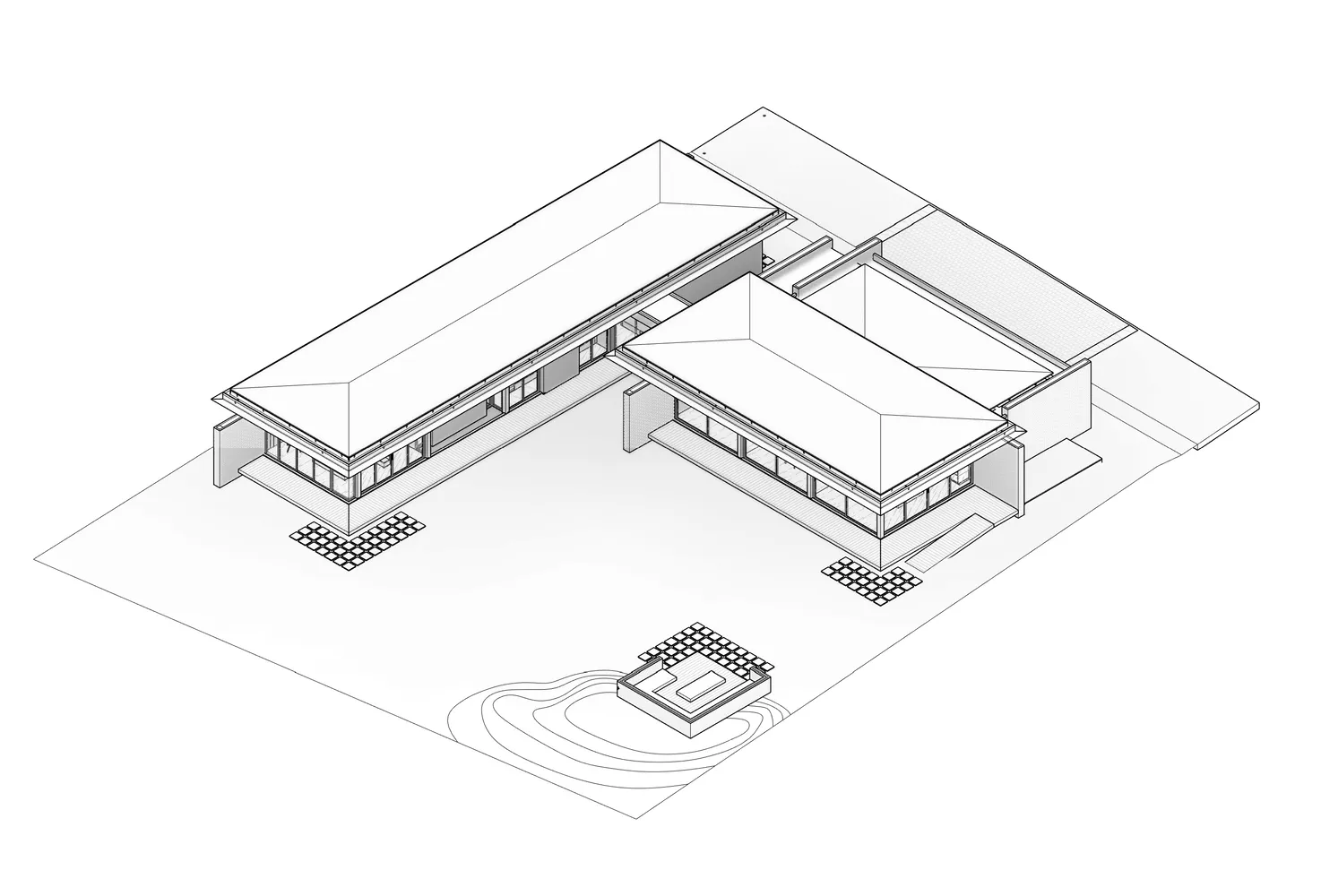 L-shaped modern concrete house with large windows and an open floor plan, featuring a flat roof and outdoor patio.