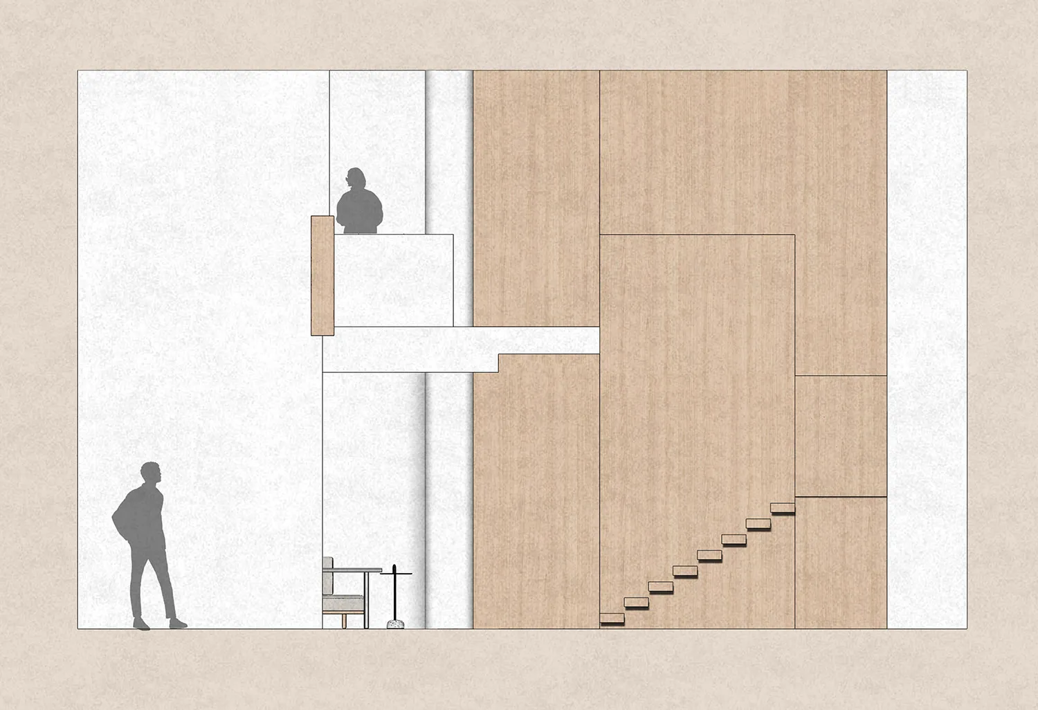 A modern architectural space featuring walls with wood paneling and white columns, a white floor with wooden accents.