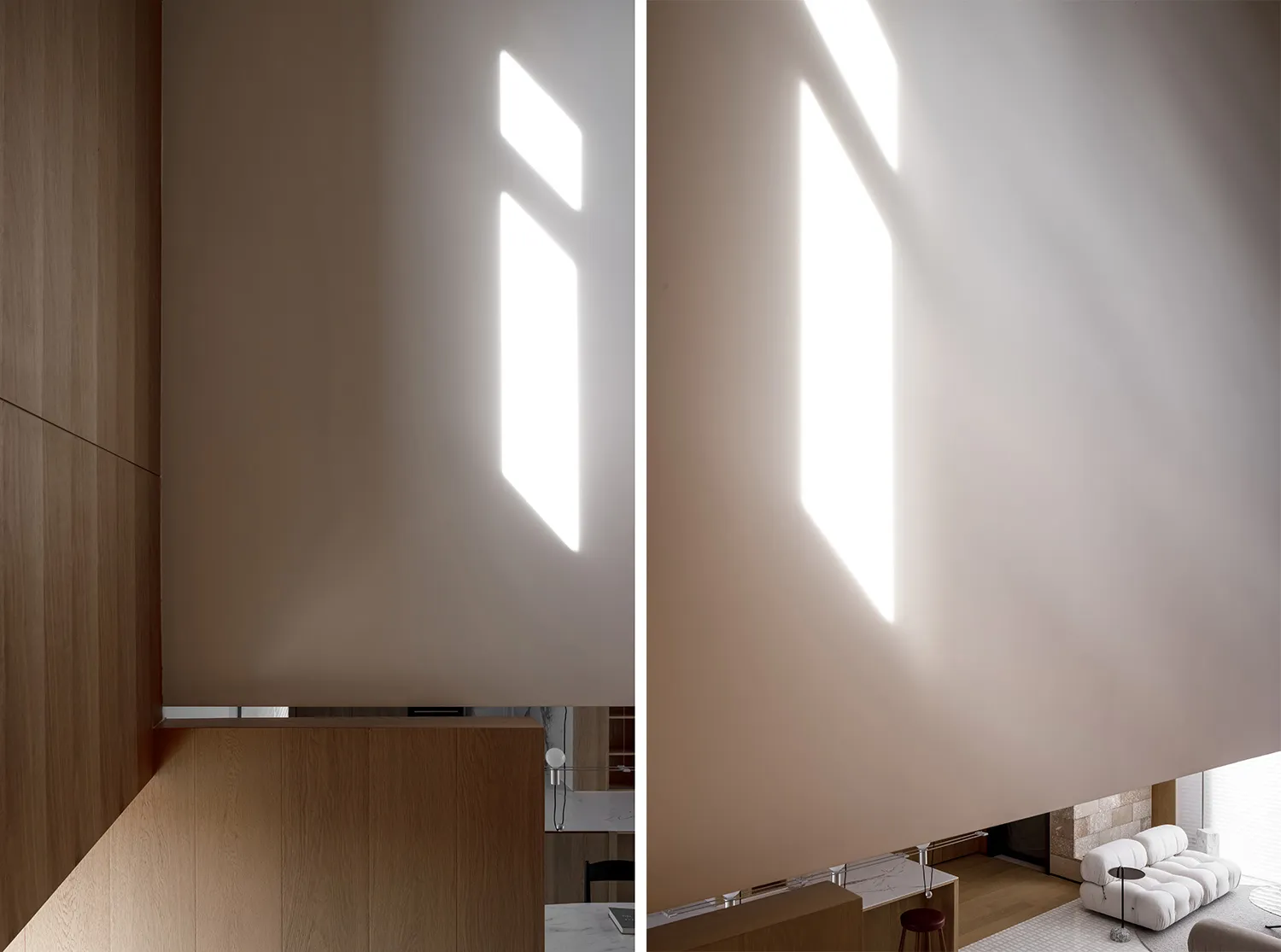 Interior design showcasing natural light through geometric window placements, contributing to a minimalist aesthetic.