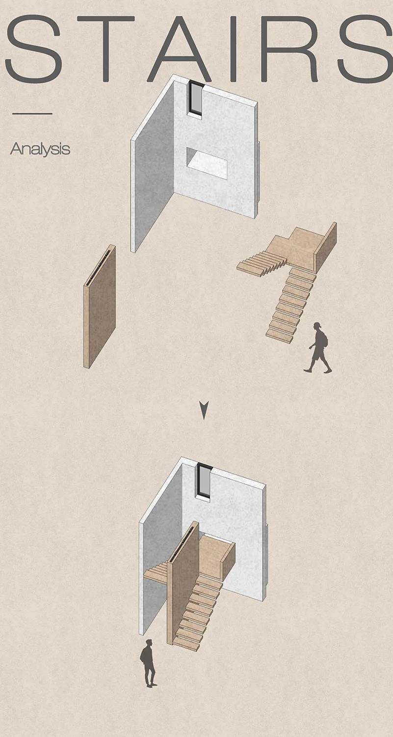 A rendering of a wooden staircase interior design.