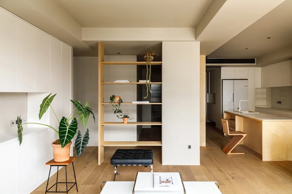 Modern, minimalist apartment interior featuring white walls, wooden shelves, and potted plants.
