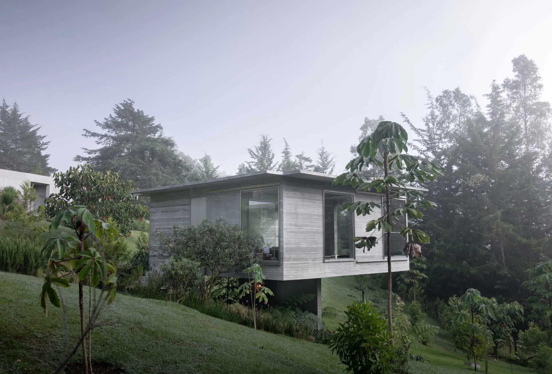 A modern residential home made of concrete with large glass windows overlooking a forested landscape.