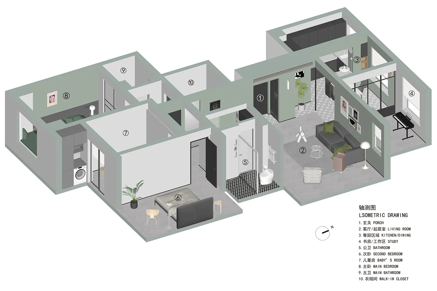 Isometric drawing of a modern apartment with living room and kitchen layouts, showcasing contemporary design elements.