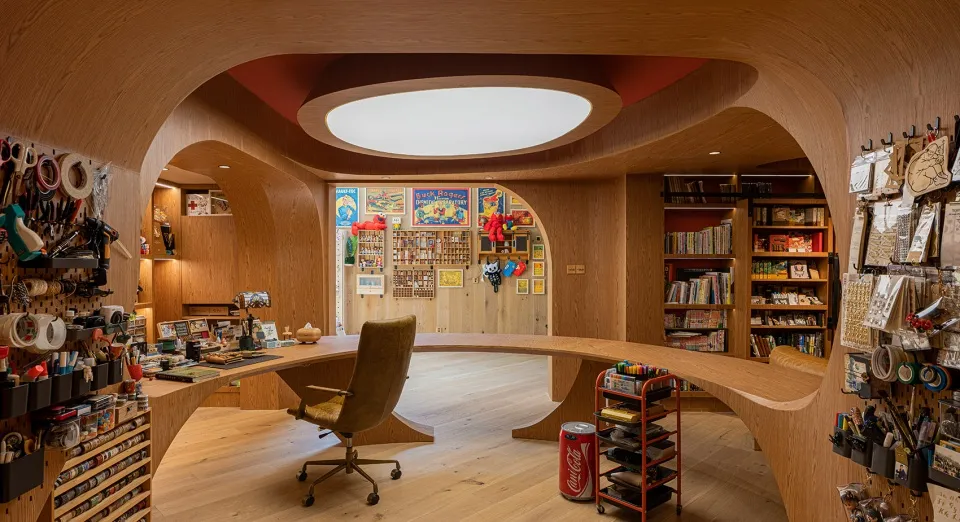 A modern office space made of wood, featuring a curved desk and wooden shelves.