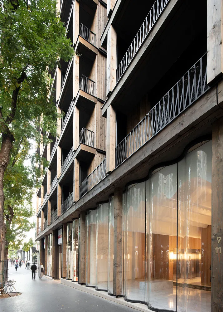 Modern Art Deco street retail boutique with glass, concrete, and wooden details