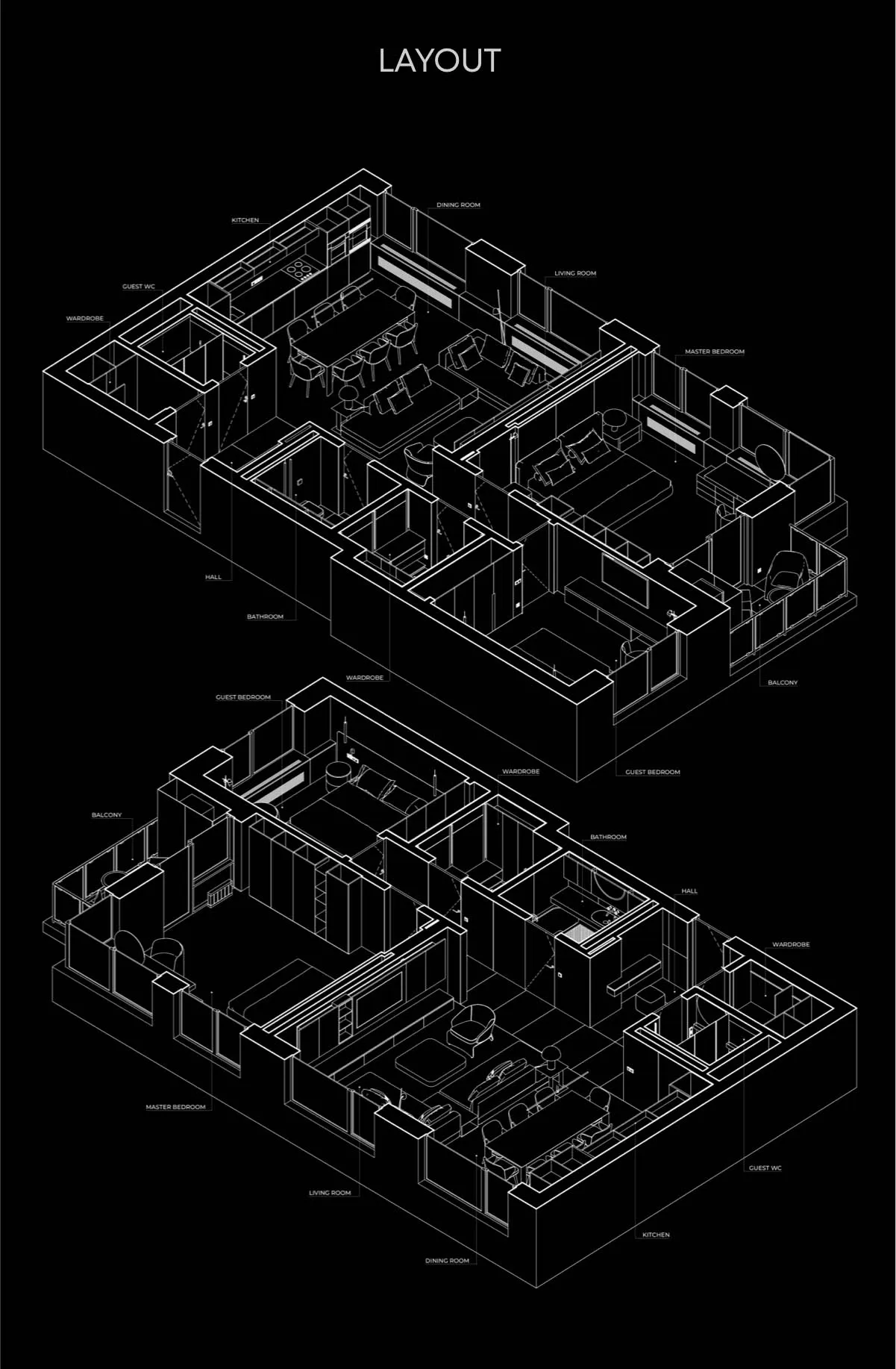 Industrial isometric view of a residential floor plan with labeled rooms and furniture.