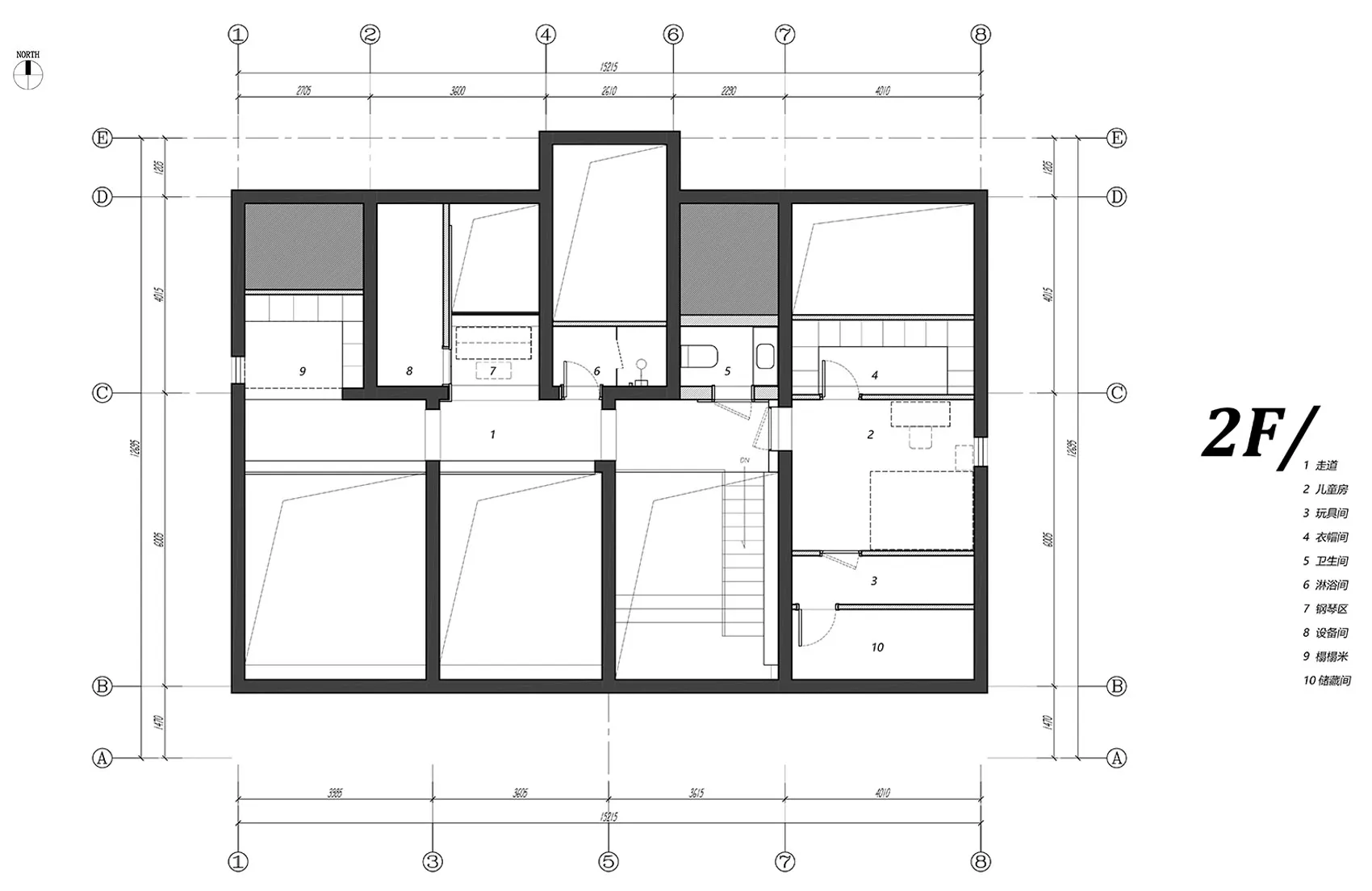 a 2-dimensional architectural drawing depicting the floor plan layout of a building's second floor with numbered labels indic