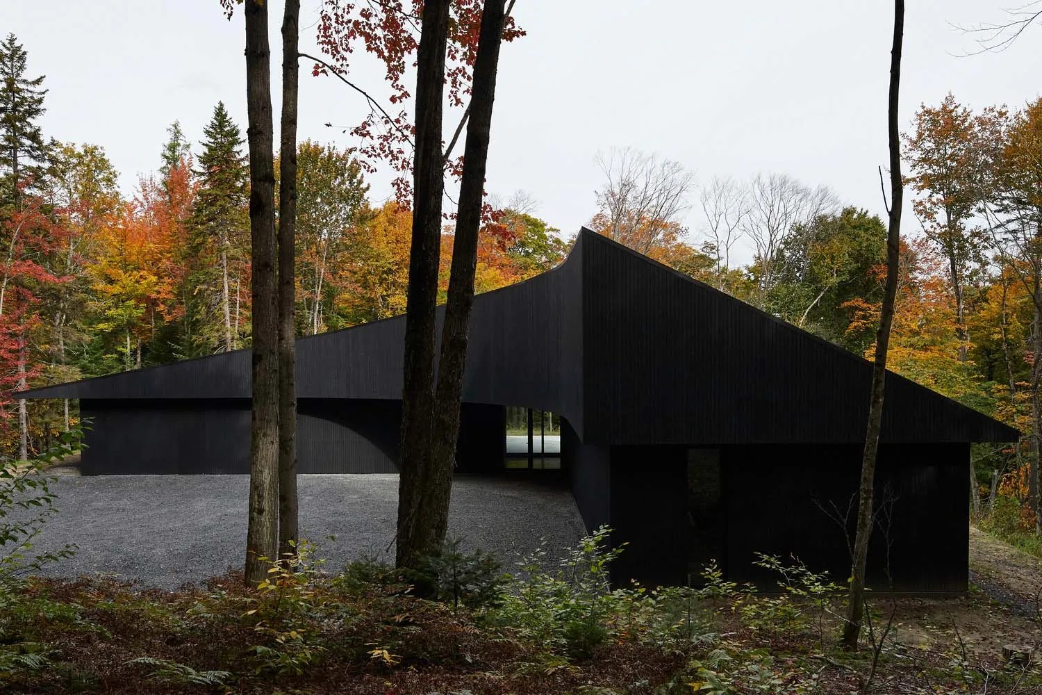 The exterior of a modern house featuring black aluminum cladding and large windows.