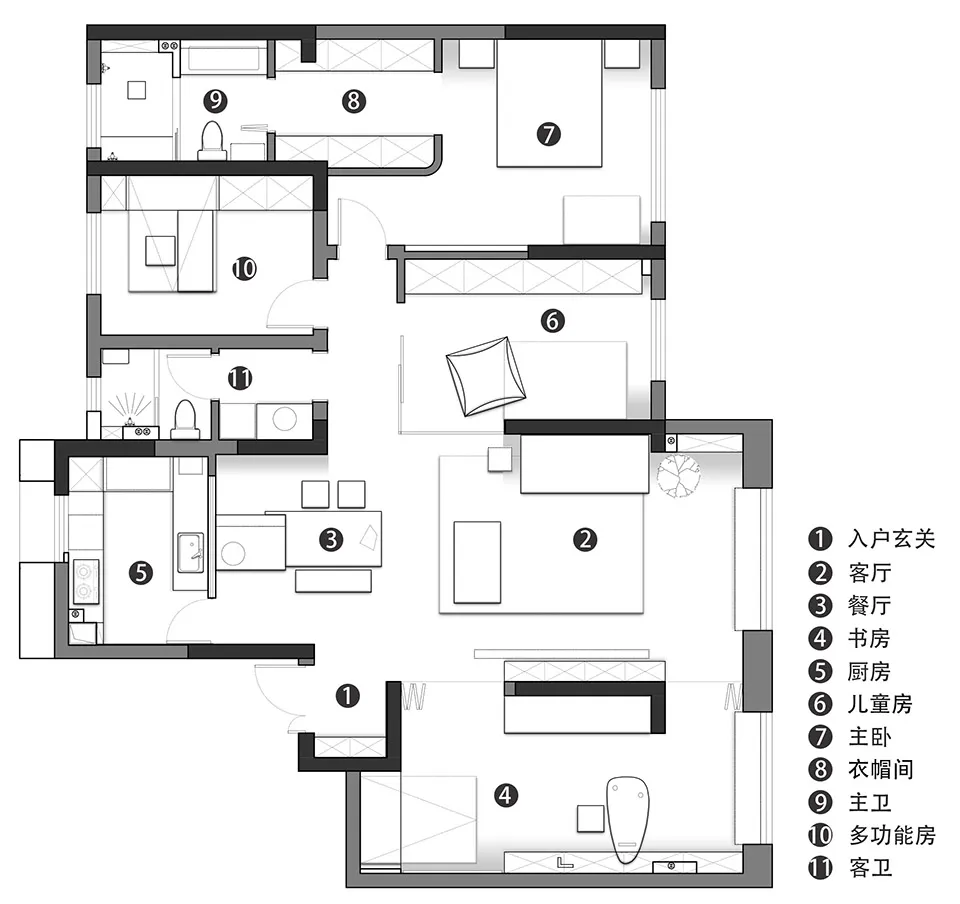 Modern apartment layout with two bedrooms and a living space.