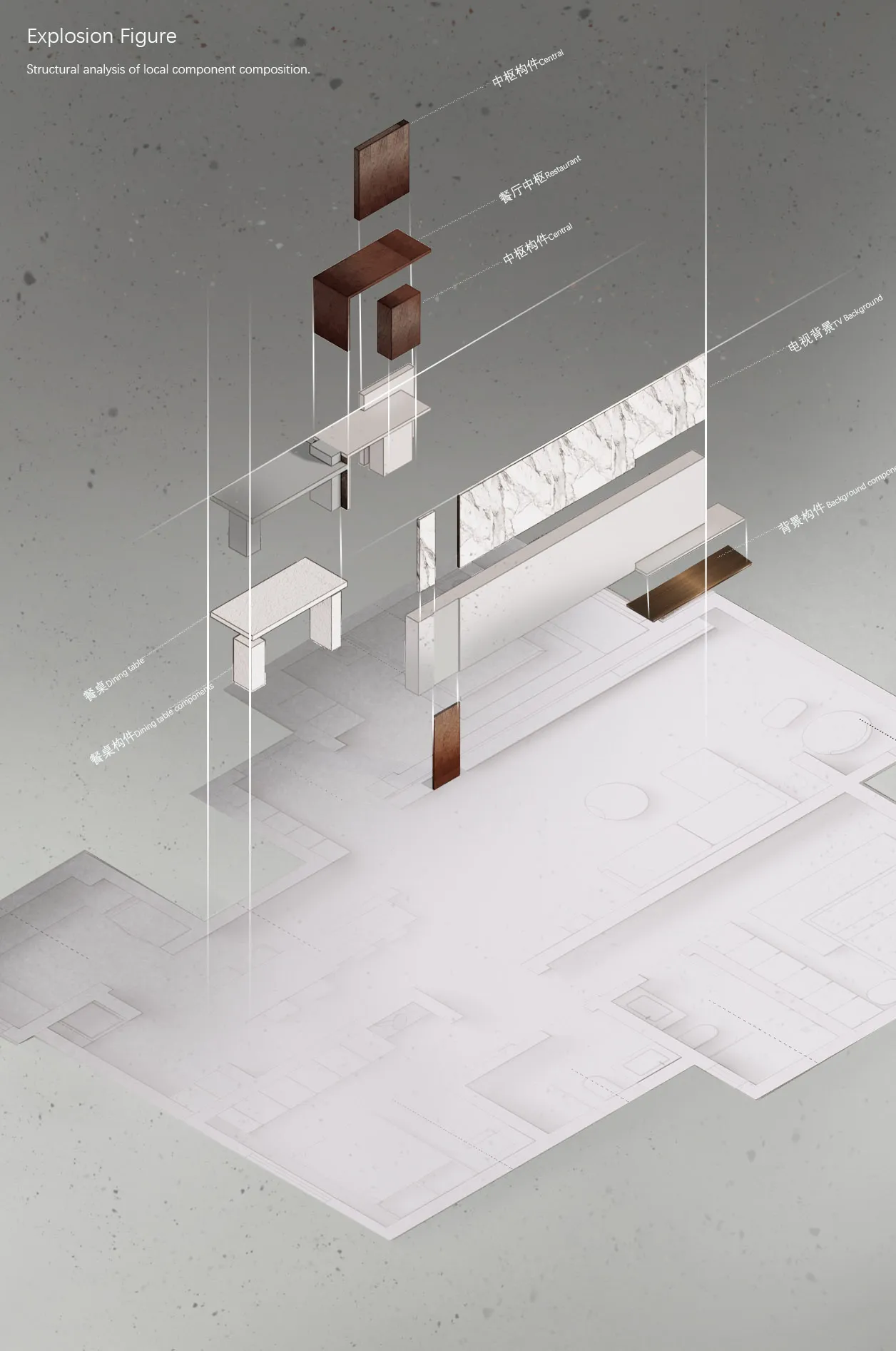 Isometric explosion drawing depicting the structural components of a modern dining room with white marble finishes.