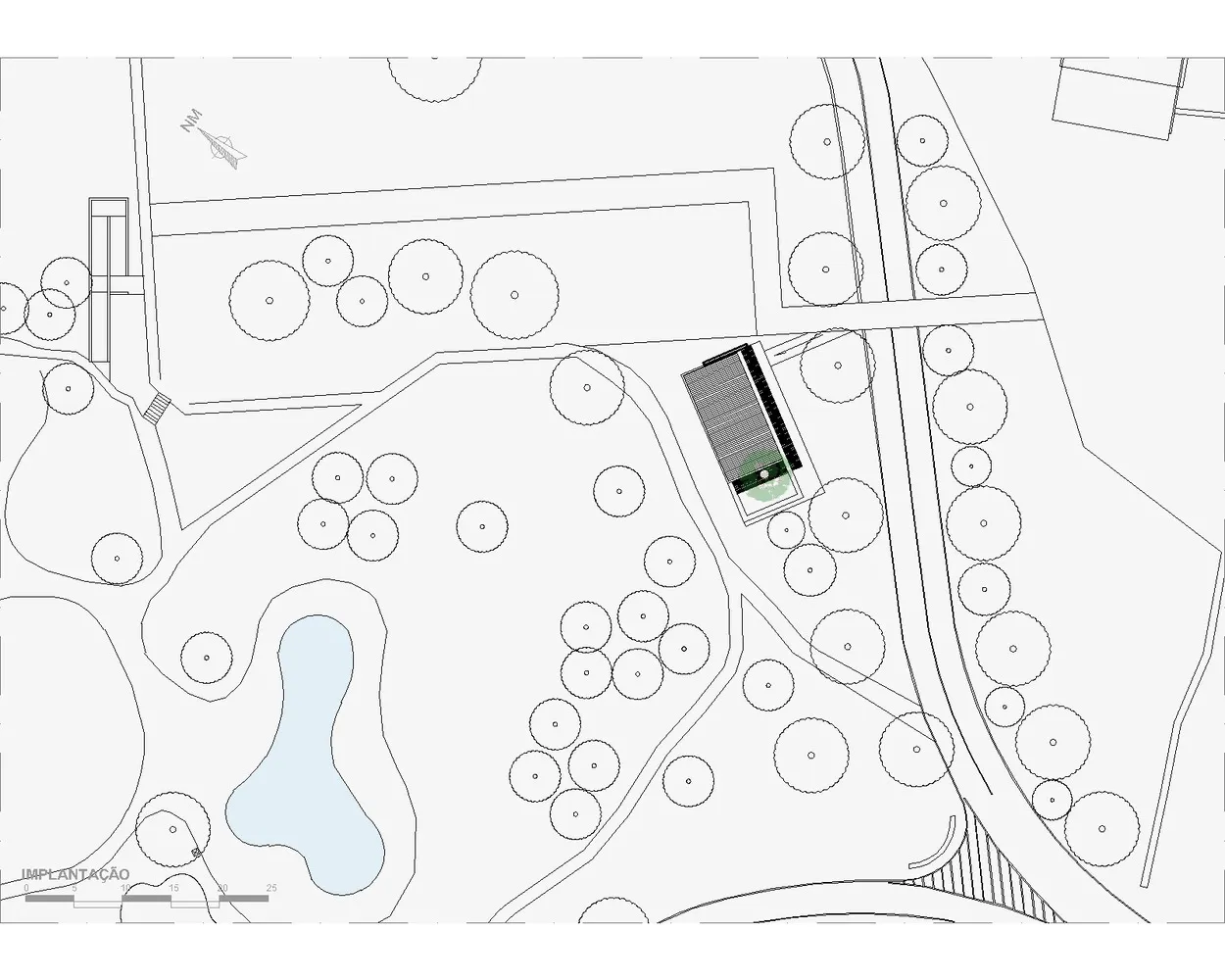 Landscape design blueprint with trees, paths, and green spaces.