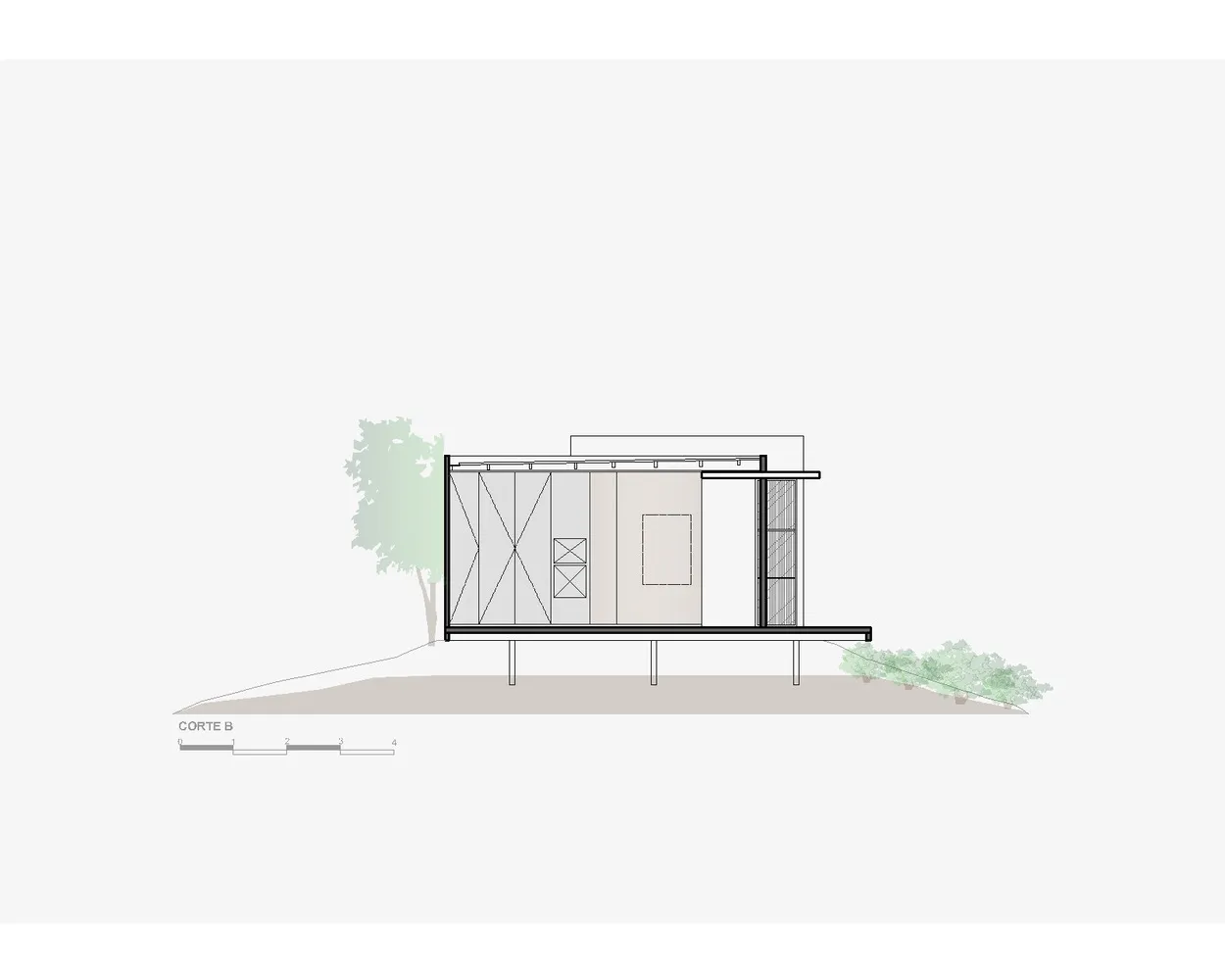 Cross-sectional architectural drawing of a minimalist home with glass and steel materials.