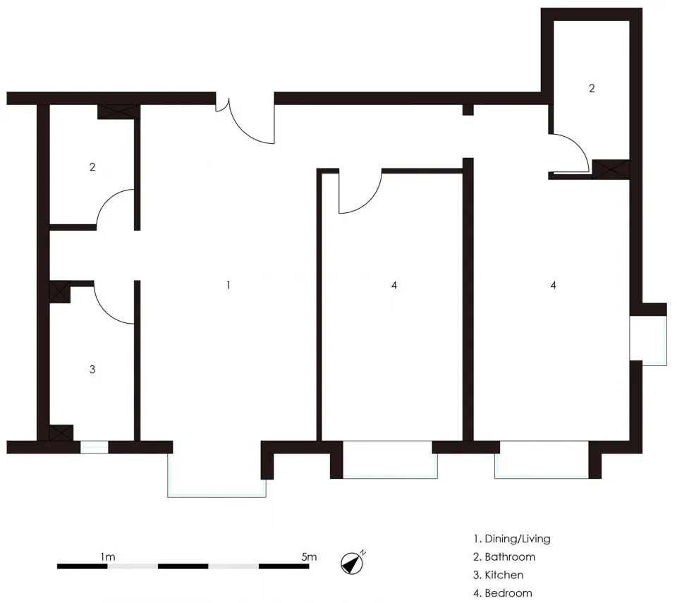 A modern apartment layout with a dining/living area, bathroom, kitchen, and bedroom.