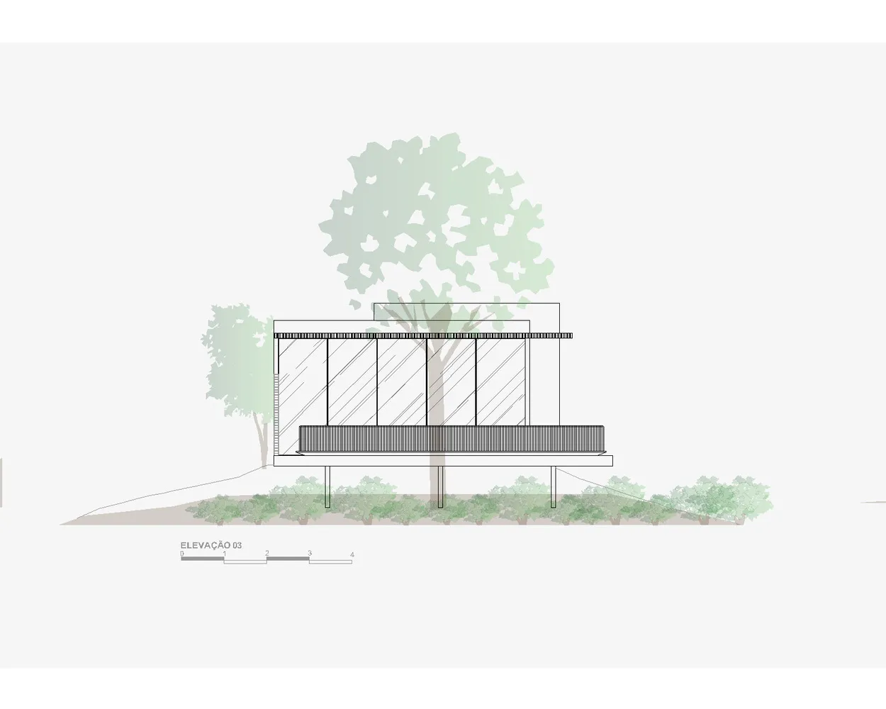 Modern exterior of a house with glass and steel facade, surrounded by greenery and trees.