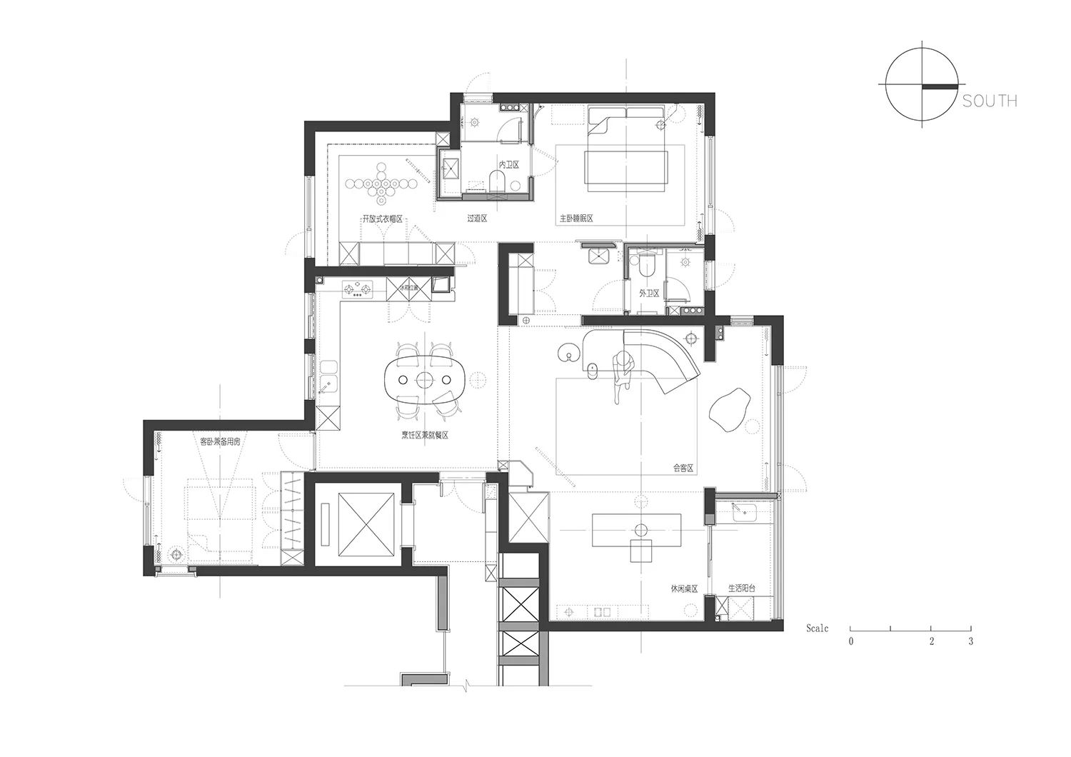 2D architectural drawing of a modern interior home floor plan highlighting key spaces.