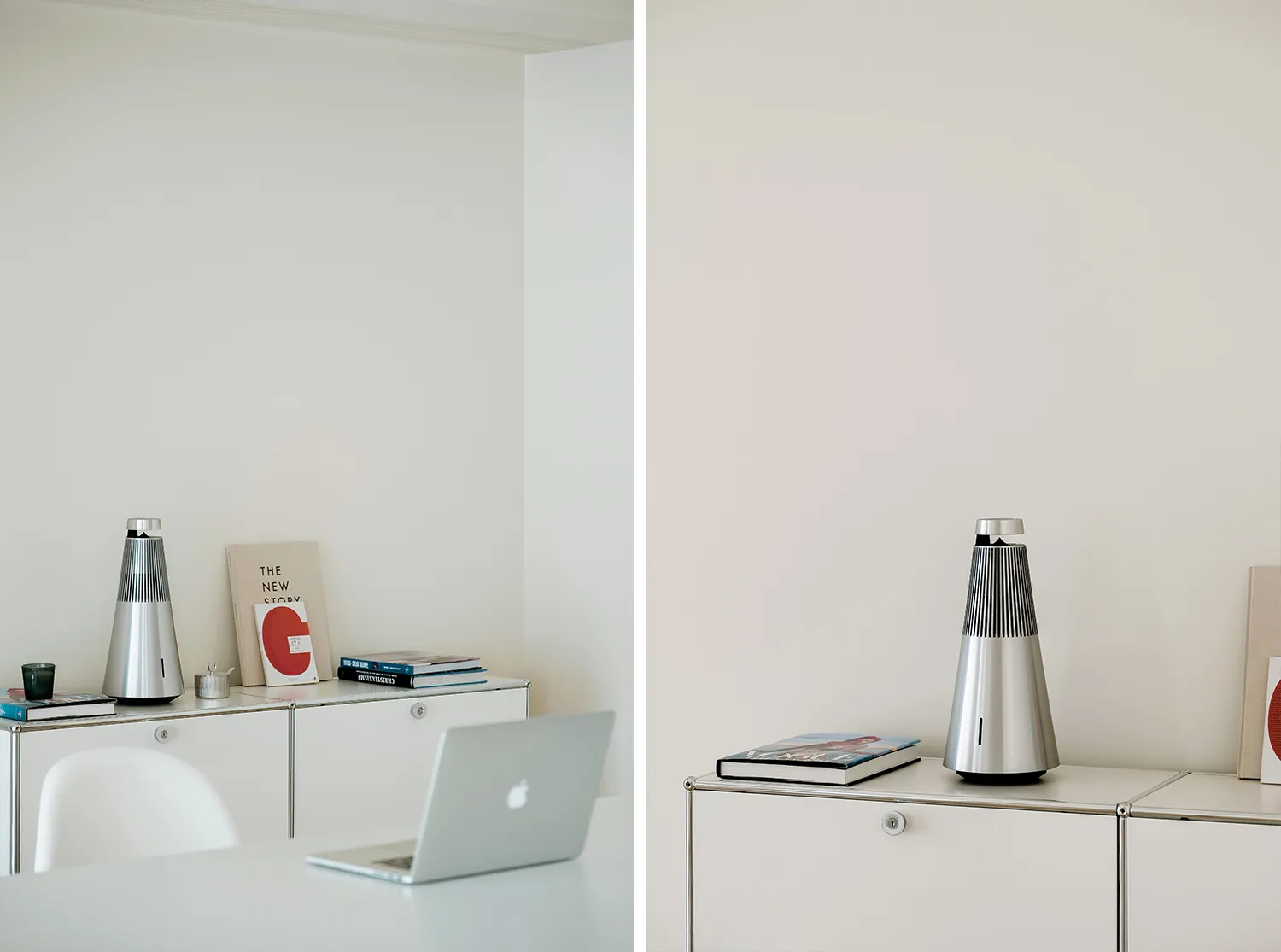 A minimalist white interior featuring a metal audio speaker on a white cabinet.