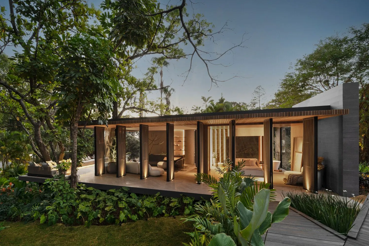 Modern house with wooden walls and glass windows
