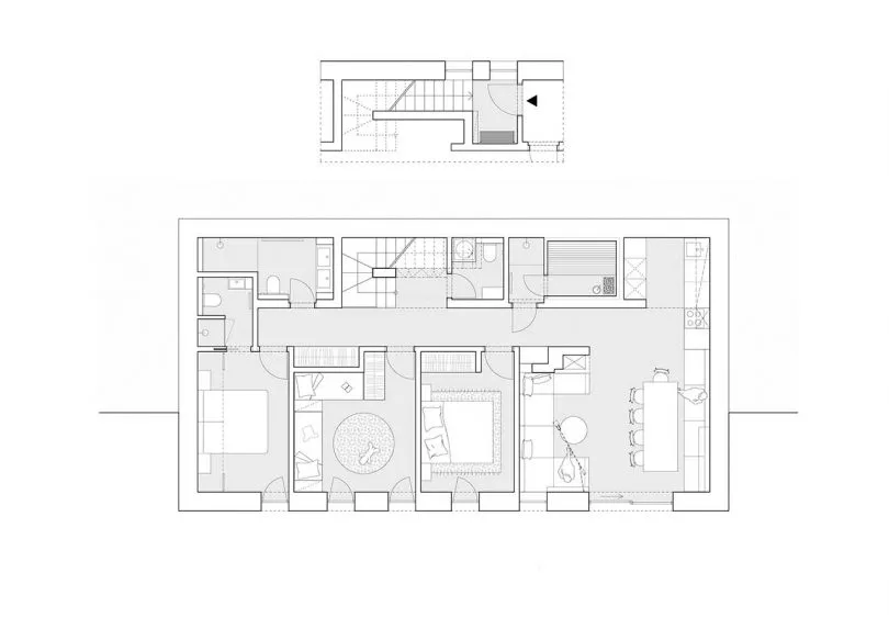 Detailed architectural drawing of a minimalist residential interior with specific room layouts and functional zones.