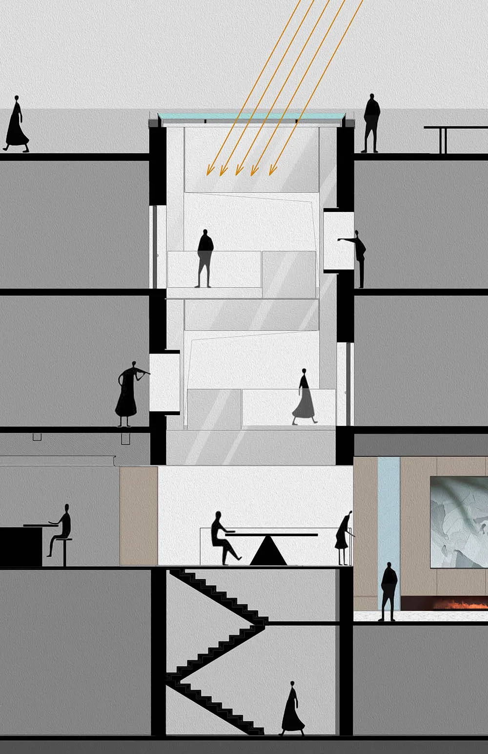 A schematic architectural drawing of a staircase section showcasing concrete materials.