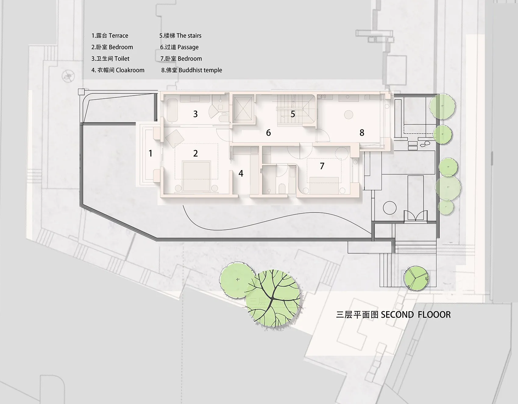 Floor plan of a modern house on the second floor, showcasing residential spaces such as bedrooms and toilets with light-color