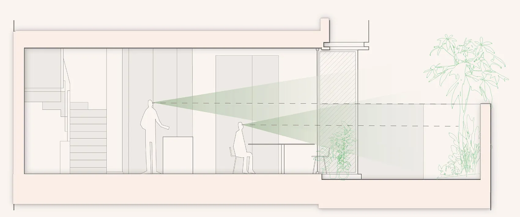 Floor plan of a modern residential space featuring glass walls and large windows.